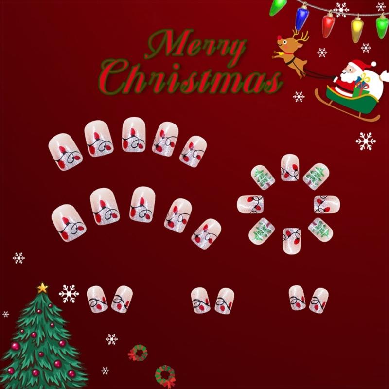 24 Pcs Christmas Press On Nails Short Square Full Cover False Nails Christmas Tree Artificial Nails Manicures Supplies