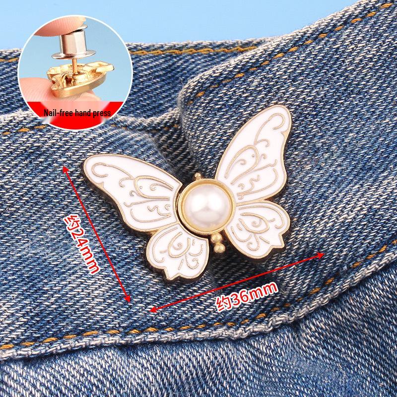 Butterfly Waist-Cinching No-Punch Jeans with Decorative Pearl Buttons