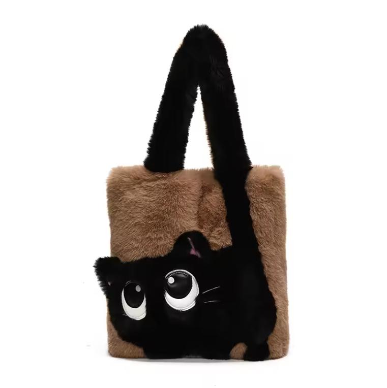 Kreative Cartoon Katze Damen Plüschtasche Große Kapazität Stickerei Tragetasche Einfache Mode Weiche Umhängetasche für Herbst Winter