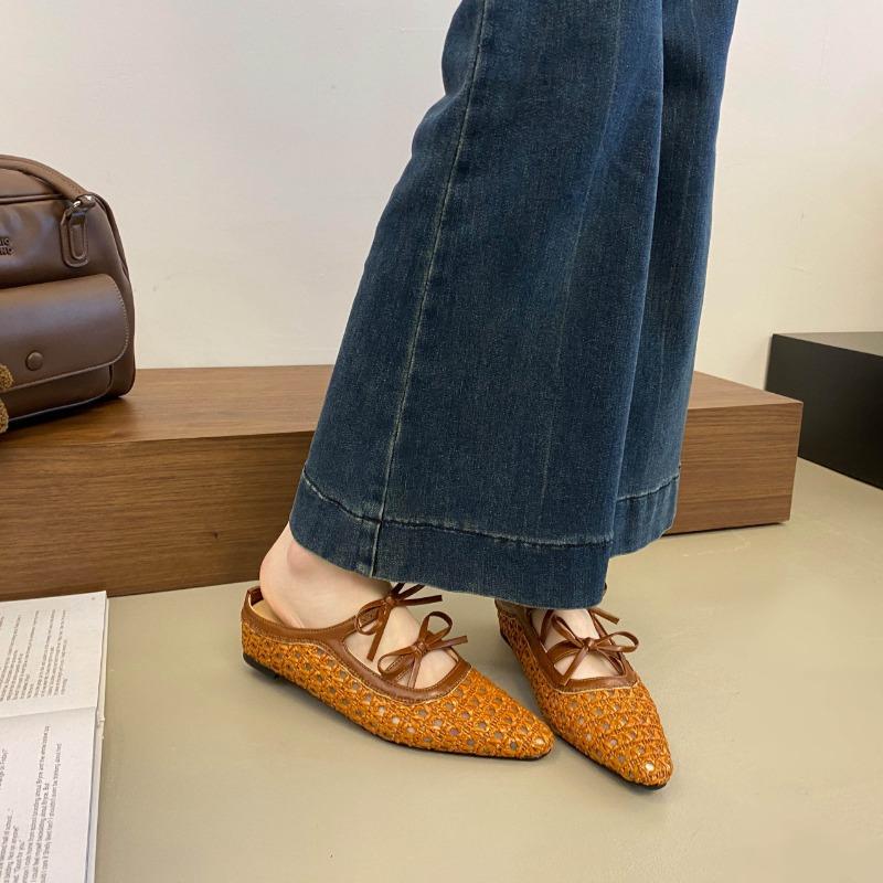 Large size woven bag head half slippers women's summer new bow hollow holiday cool slippers