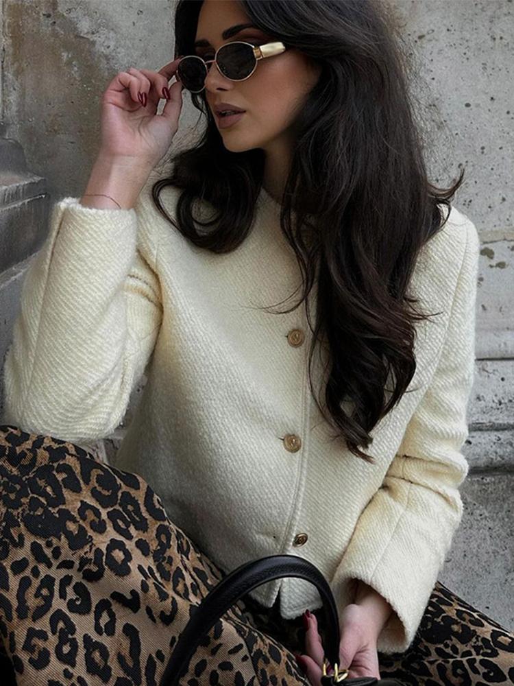 

Осенний элегантный твидовый пиджак женский винтажный шерстяной однобортный с круглым вырезом и длинным рукавом короткие пальто повседневная женская верхняя одежда L бежевый