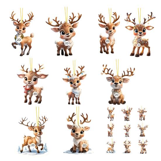 Yousheng 2D Flat Reindeer Car Rear View Mirror Charm Acrylic Cartoon Elk Christmas Tree Hanging Ornament Auto Interior Accessories for Window Wall