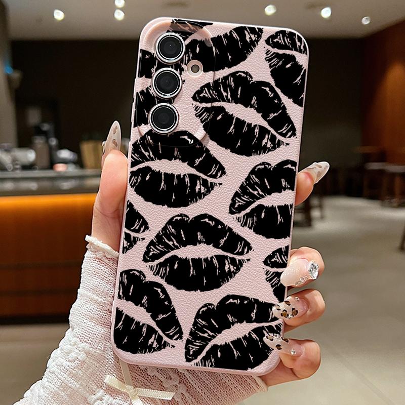 Black Lip Print Leather Texture TPU Case For Samsung Galaxy S24 FE S23 S22 Ultra A16 A55 A15 A54 A35 A25 A14 5G Soft Phone Cover