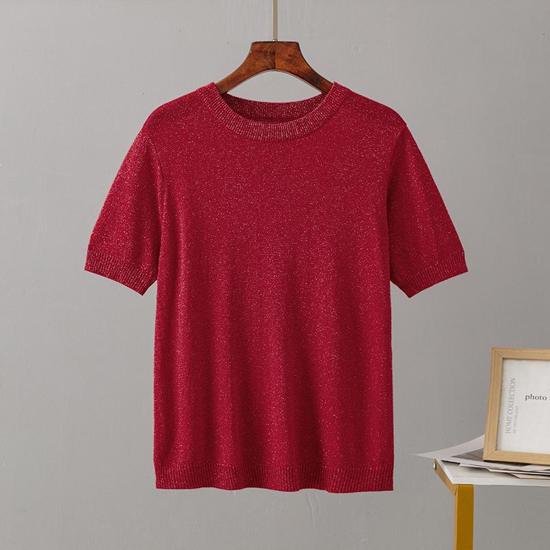 Pletená trička Jednobarevná Kulatý výstřih Krátký rukáv pro ženy Volné pulovrové topy Retro styl Stylové dámské Lesklé ledové hedvábí Šifonové halenky Košile