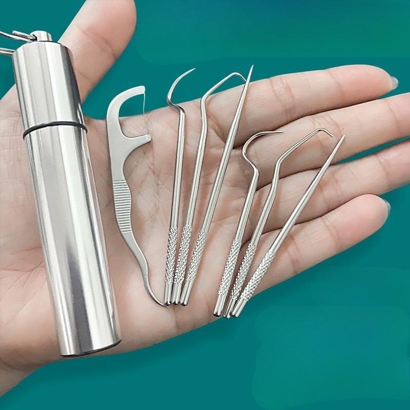 6Pcs/set304 Stainless Steel Portable Toothpick Interdental Crochet Set Tooth Picking Stuffing Artifact Portable Floss Needle Cleaning
