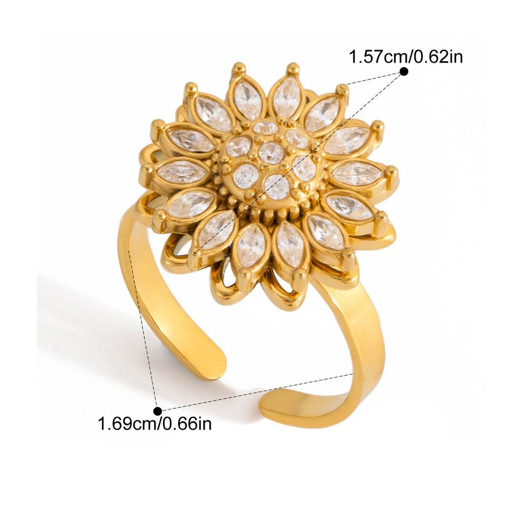 Yori Women's Sparkling Cubic Zirconia Flower Rotating Opening Ring Stainless Steel Trending Finger Jewelry Accessories Gift