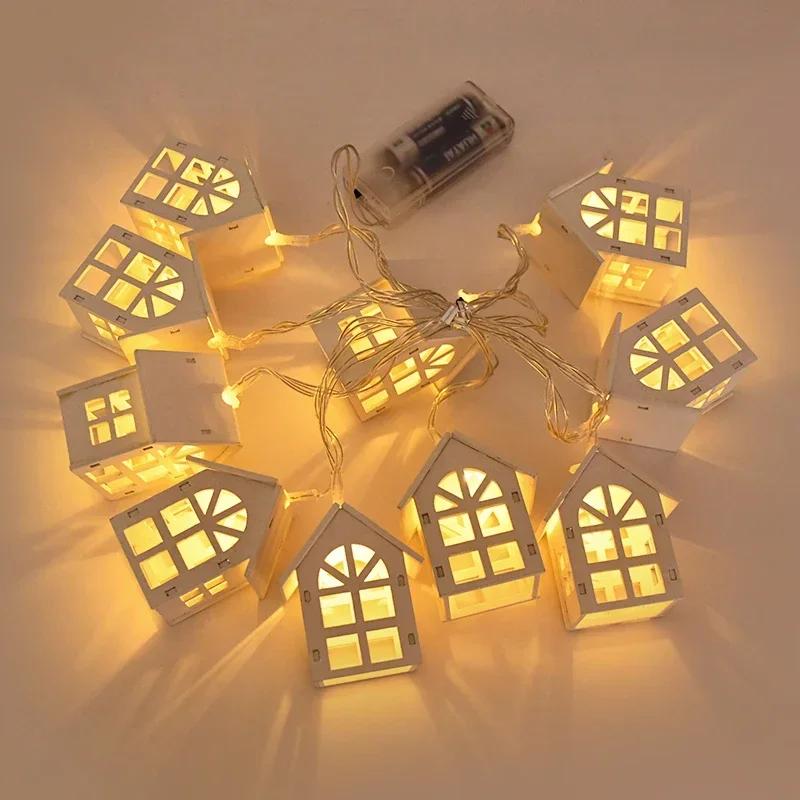 

10LED 2M Christmas Wooden House LED Fairy Light String Home Hanging Garland Xmas Tree Ornaments Decoration Lamp 2025 New Year білий