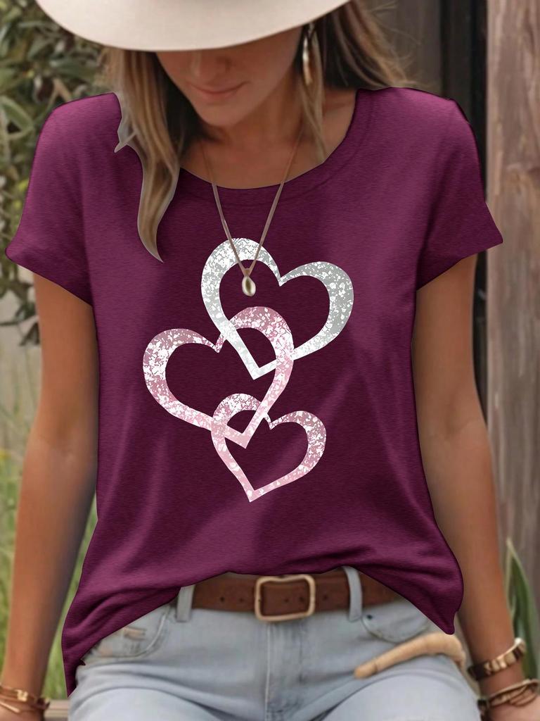 Heart Print Round Neck Short Sleeve Summer T-shirt - European & American Style