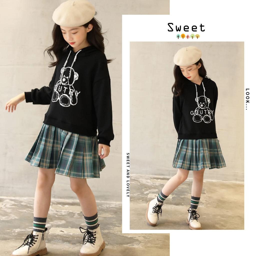 Hoodie with Bear Pleated Long Layered Casual Sizes Perfect for Everyday and YY-Natuhi Girls' Dress, Print, Skirt, Sleeves, Look, Tunic, 110-160cm,