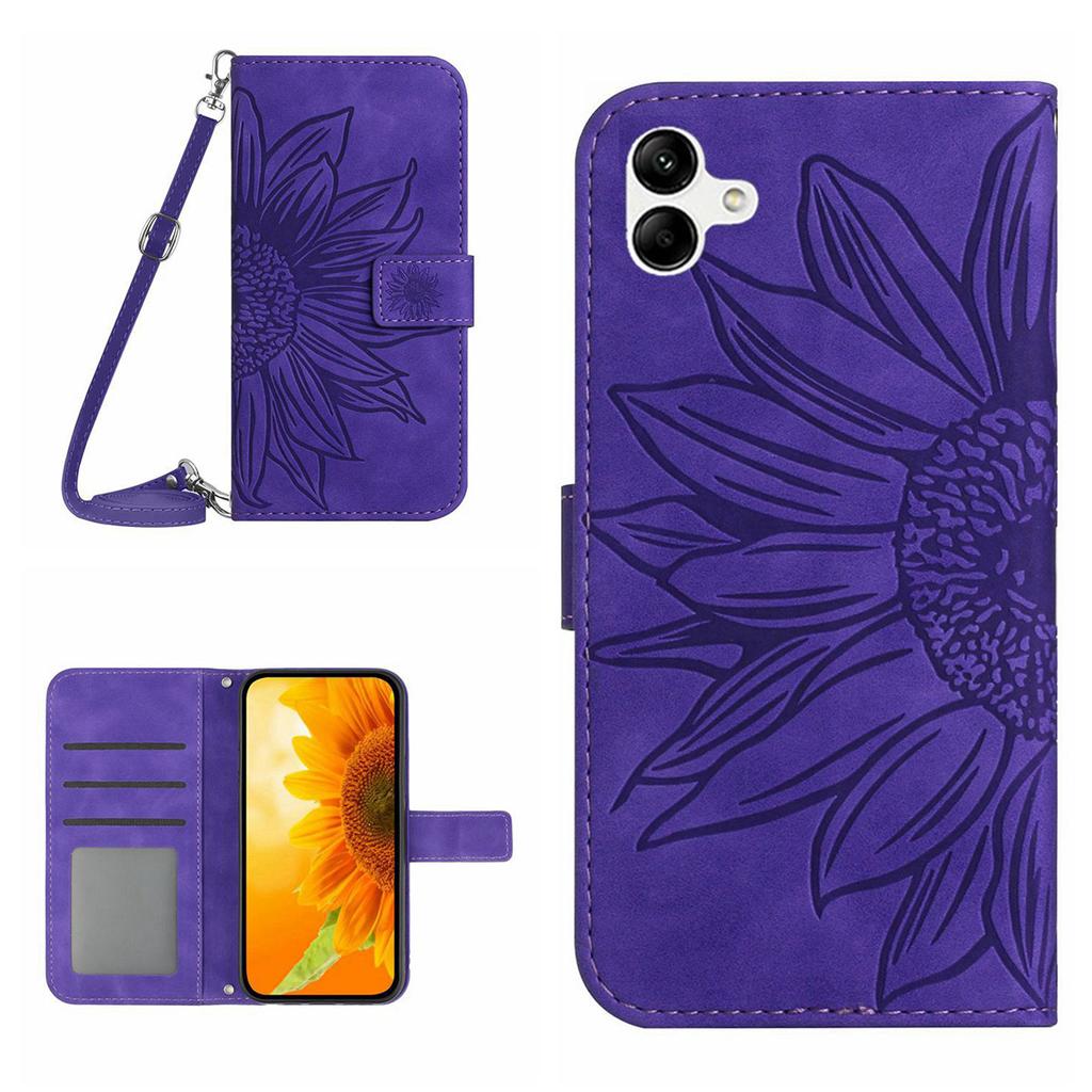 HT04 For Samsung Galaxy A06 4G Case PU Leather Sunflower Imprint Phone Cover with Long Strap
