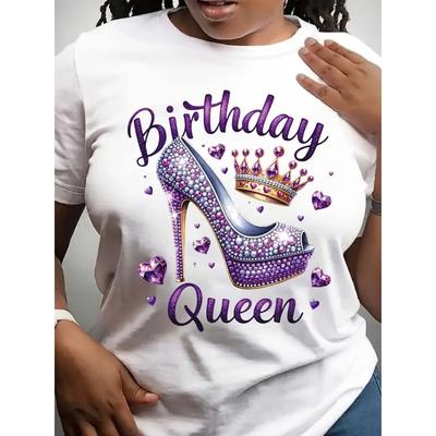 Europejski Rozmiar Damska Koszulka Casual z Wzorem 'Birthday Queen', Koroną i Szpilkami | Okrągły Dekolt, Krótki Rękaw, Regularna Długość - Top na Cały Rok