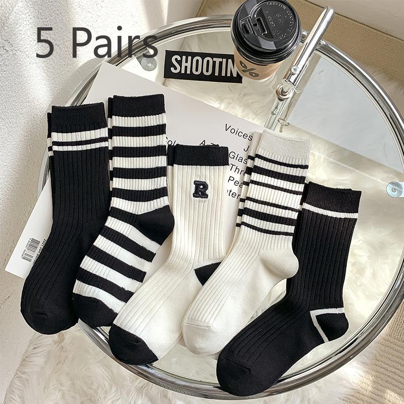 5 Pairs of Women's Spring and Autumn Striped Embroidered Cotton Socks