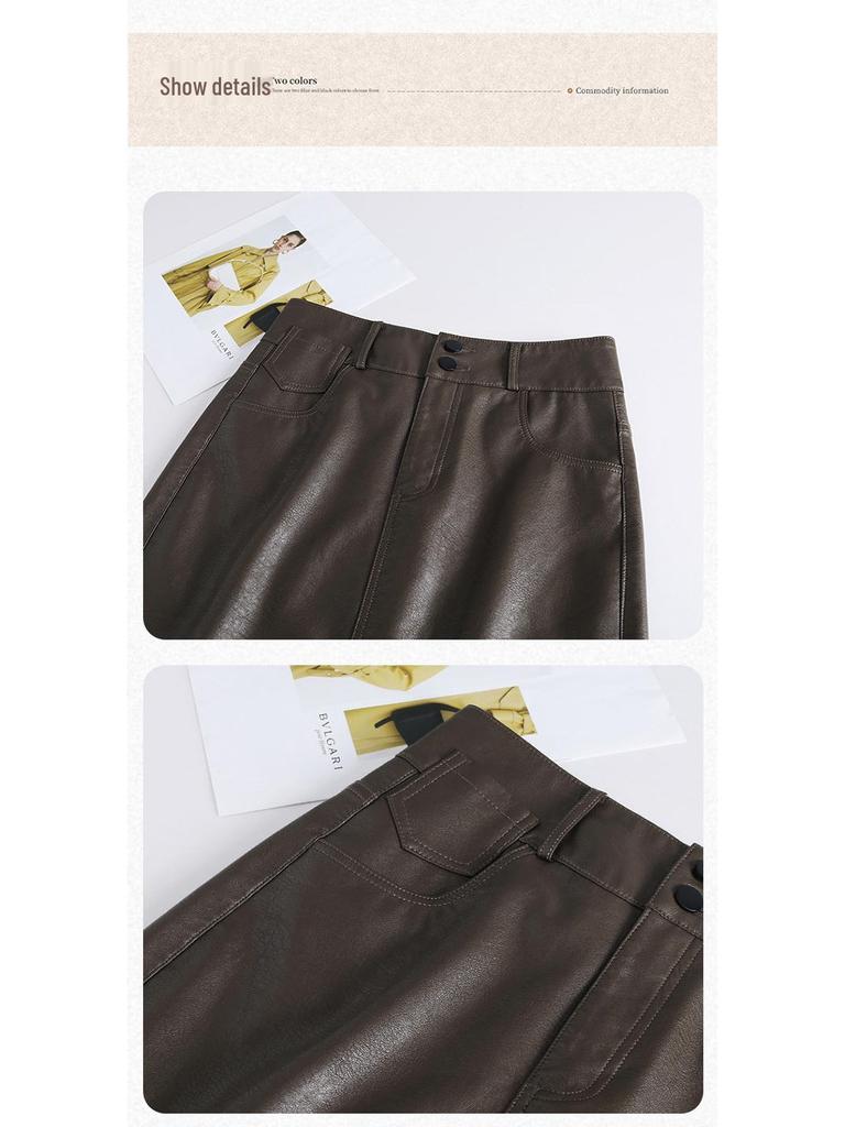 Ołówkowa Spódnica z PU Skóry z Kieszeniami, Wysoki Stan, Kolekcja Jesień/Zima 2025, Krój Prosty, Dopasowana.