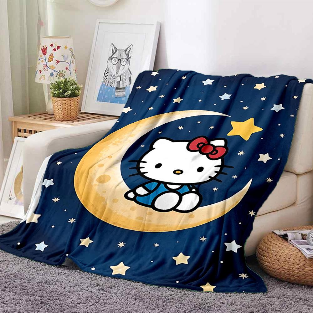 1 Stück Mond Sterne Hello Kitty Gemütliche Druckdecke Leichte Warme Flanelldecke für Sofa, Bett, Wohnzimmer
