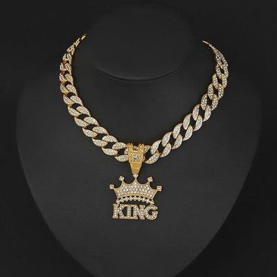 European & American Hip-Hop Men's Diamond Letter Crown KING Pendant Necklace - Trendy Zinc Alloy Accessory