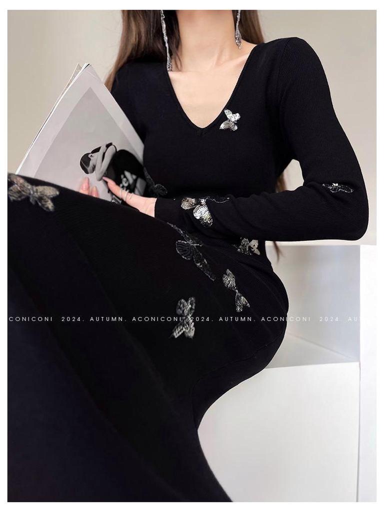 Butterfly Dream Woven Sequin Slim-Fit Mermaid Dress - Women's French Style Knit for Spring/Autumn