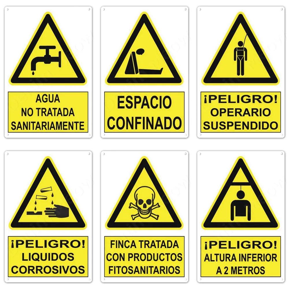 Spanish Warning Sign, Danger Metal Sign for Street, Yard, Bar, Workshop Decor, Yellow Waterproof Caution Signs, Outdoor Indoor