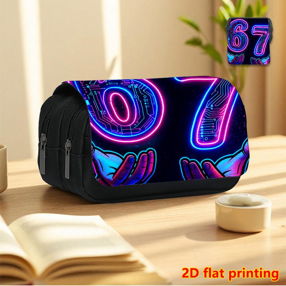 Neonzahl "67" 2D-bedrucktes doppellagiges Klappdeckel-schwarzes Federmäppchen - Schulranzen-Essential, tägliche multifunktionale Kosmetiktasche, Großes Ca