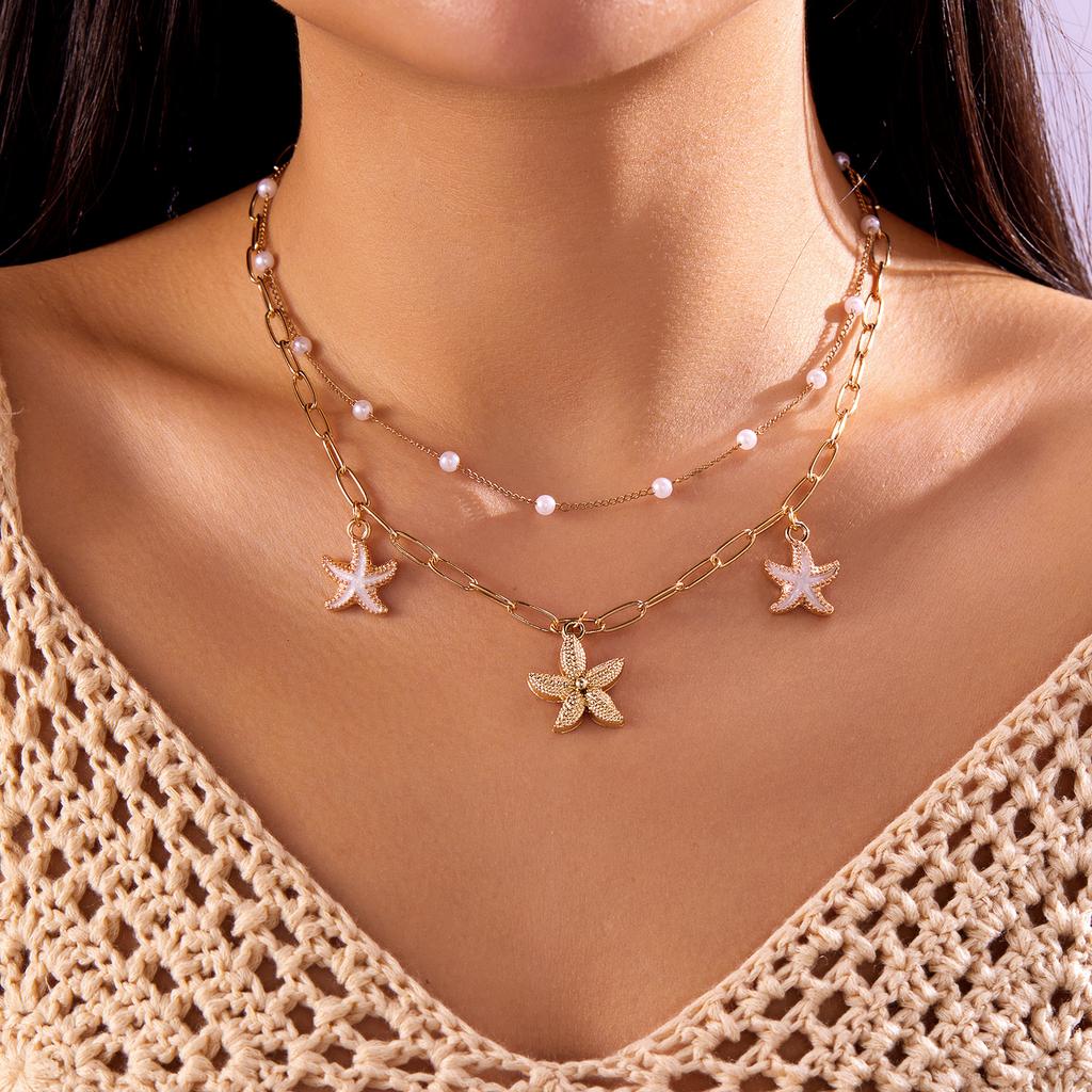 Ocean Style Imitation Pearl Starfish Shell Necklace for Women Trendy Conch Flower Pendant Necklace Beach Jewelry Vacation Gift