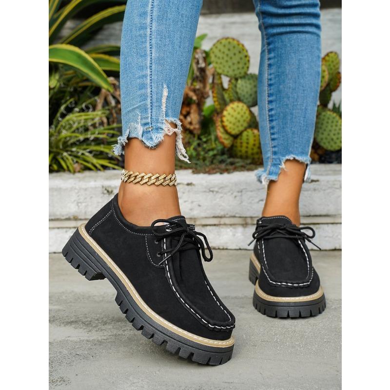 Women's Block Heel Non Slip Lace Up Leather Shoes Spring Autumn Solid Color British Style Loafers