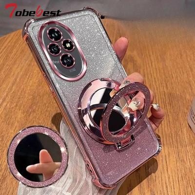 Glitter Shockproof Silicone Case For Huawei Honor 300 Ultra 200 100 90 80 70 60 Pro Mirror Magnetic Holder Stand Soft Cover