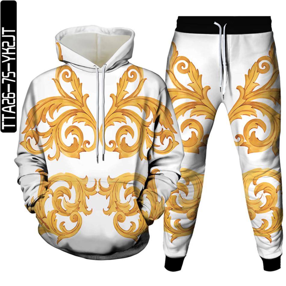 Golden Flowers Male Casual 3D Printed Clothes Sets Luxury Royal Harajuku Autumn Women Hoodies+Trousers 2Pcs Tracksuit Size S-6XL