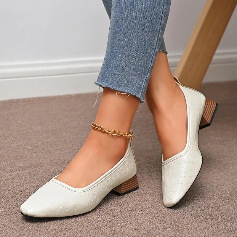 Shallow Women Low Heels Shoes 2025 New Brand Trend Elegant Square Toe Pumps Leather Mature Office Dress