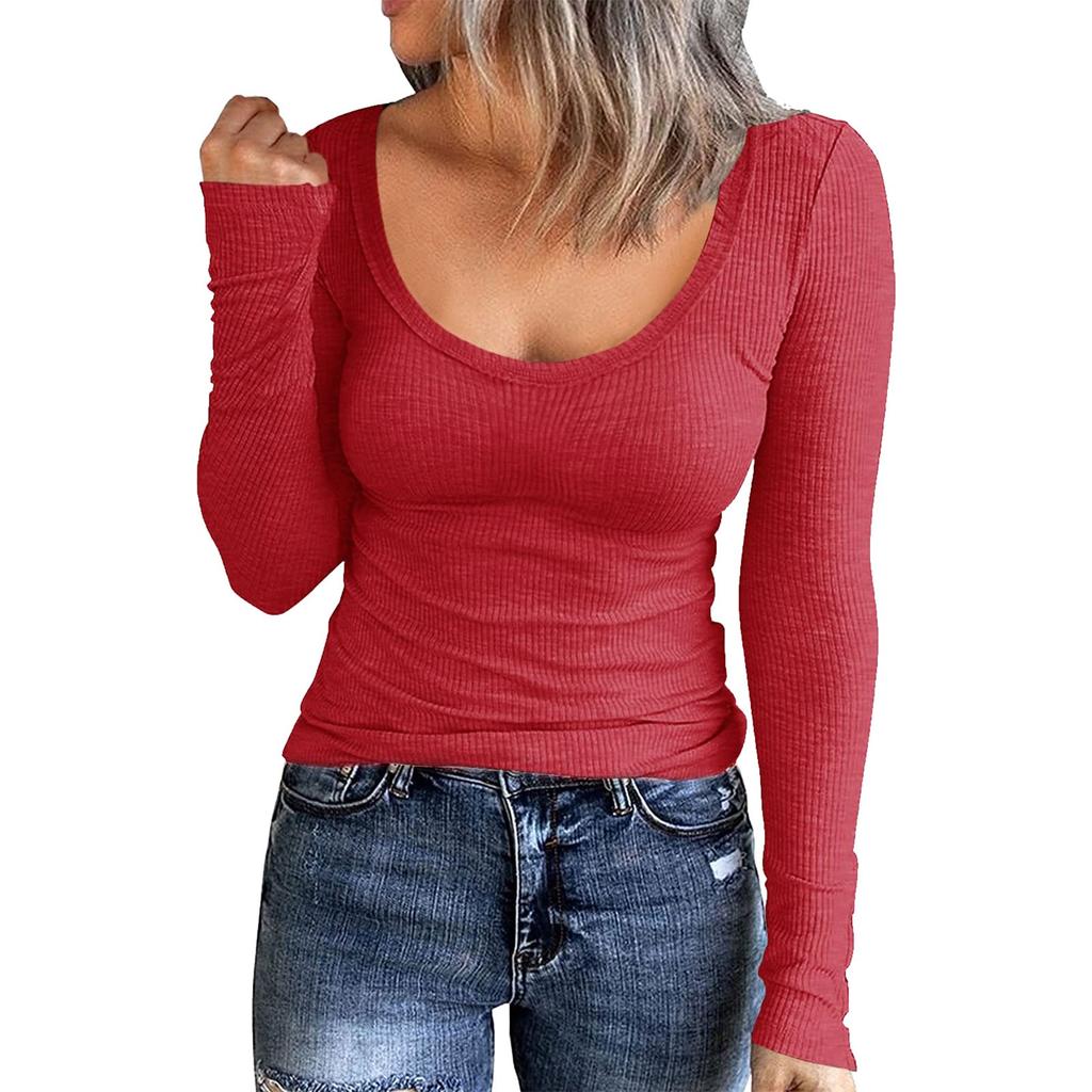 Women's Autumn And Winter Slim Bottom T-shirt Fashion Casual Solid Color U Neck Pullover Long Sleeve Top