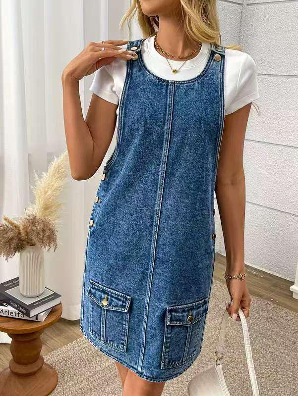 European-American Retro Denim Overall Skirt for Women - Summer Petite Zipper Design Dress