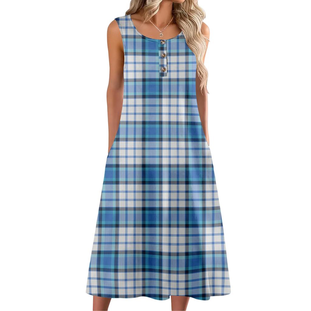 Women's Fashion Casual Sleeveless Button Plaid Print Dress with Pocket