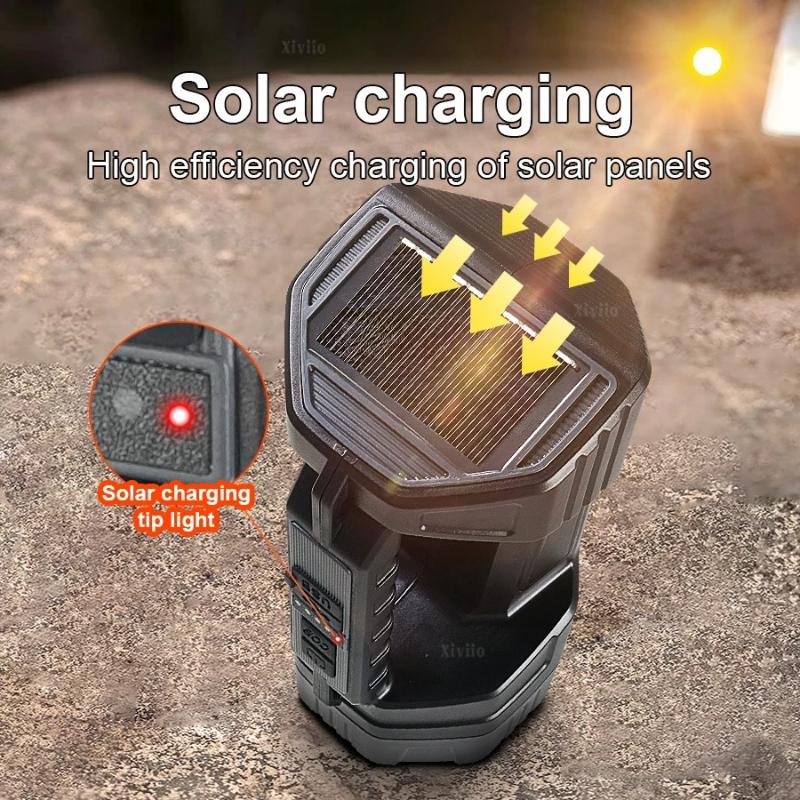 New LED Solar Searchlight Outdoor Long Range Flashlight Strong Light Torch Solar+Type C Rechargeable Flashlight Camping Lighting