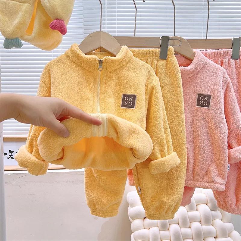 2pcs Kids Clothes Warm Fleece Thick Baby Clothes Girl Boy Loungewear Hooded Sweatshirt+Pants School Uniform Outfit