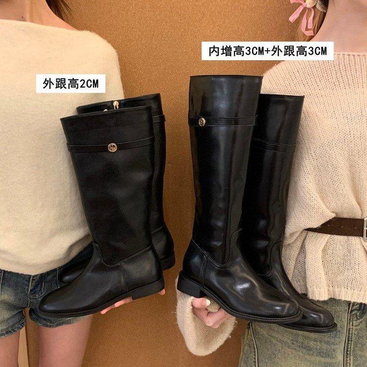 Small inner height increase wide tube knight boots women's autumn and winter new thick heel high tube knight boots but knee boots children