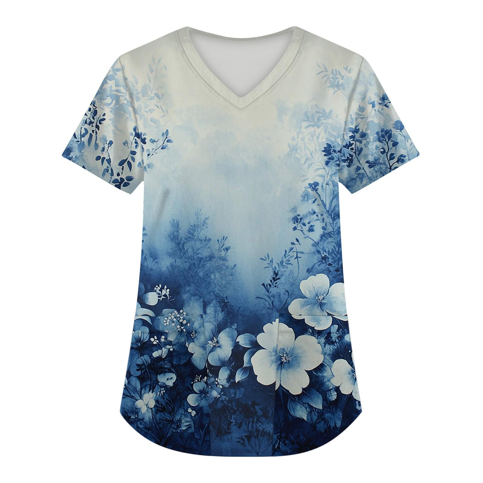 

Женская мода с коротким рукавом и V-образным вырезом с карманами и цветочным принтом Топы Одежда XL