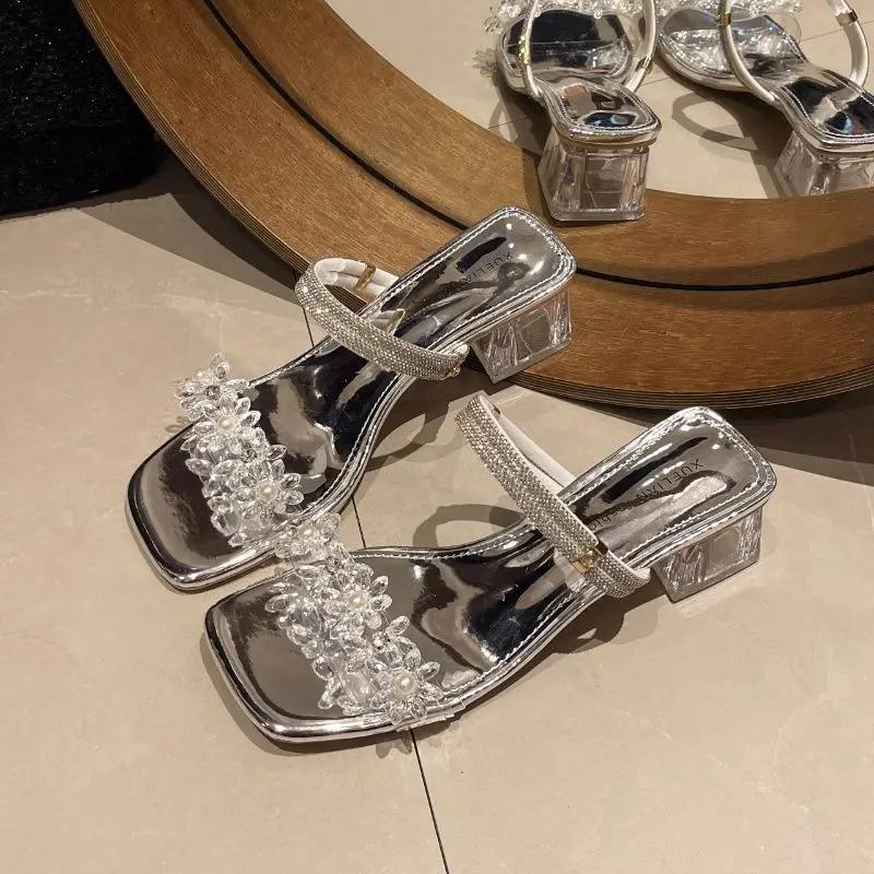 Fashion Women's Sandals Thick Heel Rhinestones Ladies Shoes Summer Sale Low Price Chic and Elegant Sandal 2025 Comfortable On Footwear