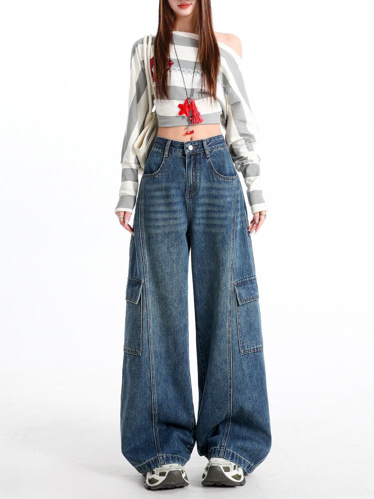 Blue Retro High-Waisted Wide Leg Cargo Jeans for Women - Spring 2026 Collection S