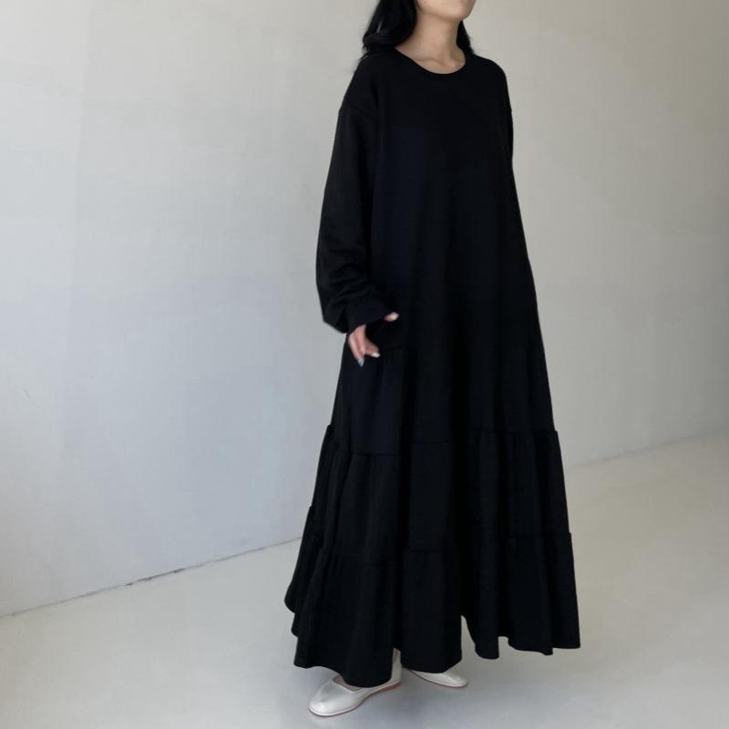 Spring Summer Sweatshirt Dress Women Ruffle Hem Loose Midi Dress Lantern Sleeve Knee Length