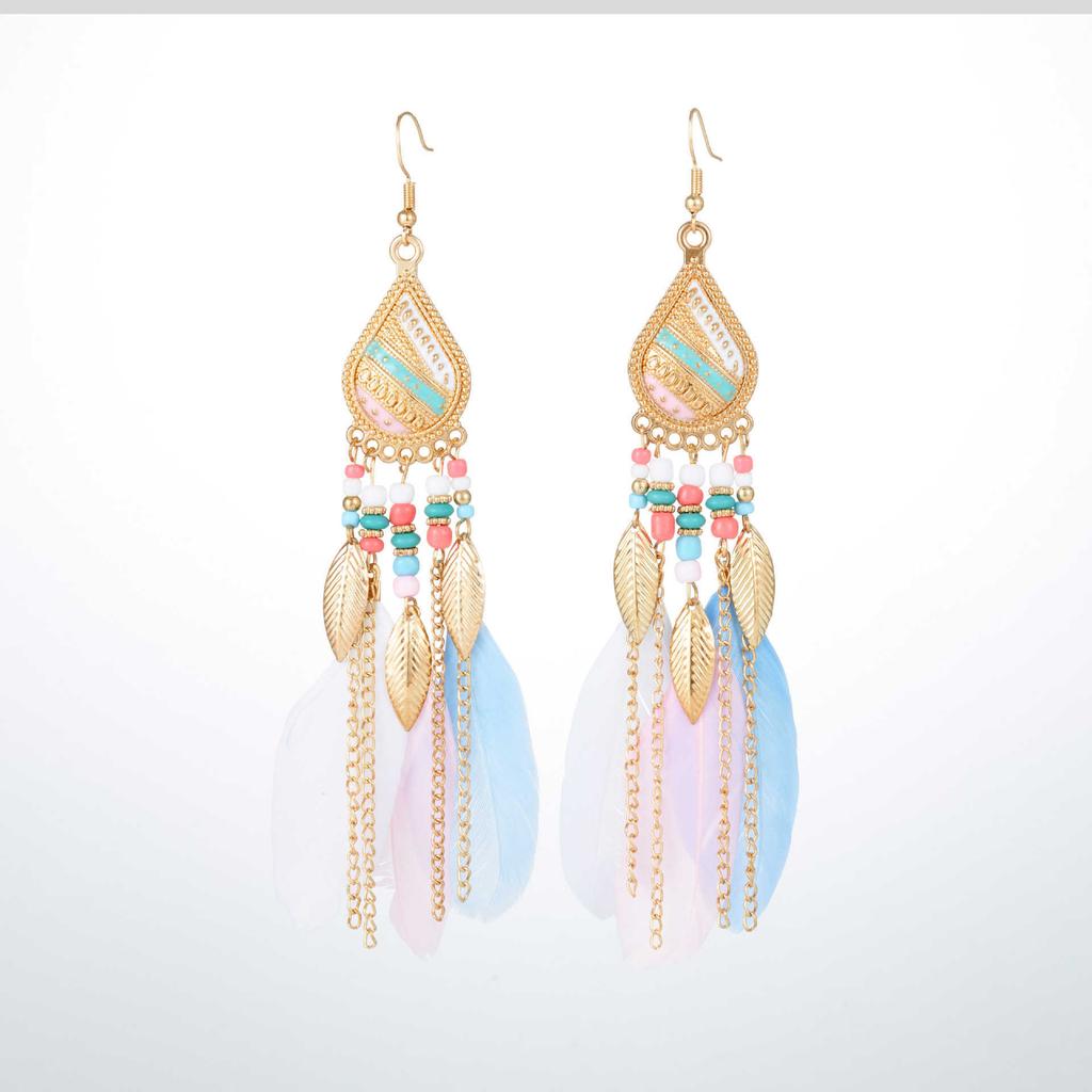 Vintage Bohemian Feather Tassel Earrings Exaggerated Ethnic Vacation Dangle Ear Jewelry Fashion Accessories For Women