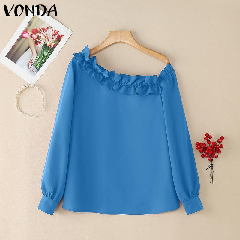 VONDA Women Long Sleeve One Shoulder Ruffled Patchwork Casual Blouse Shirts