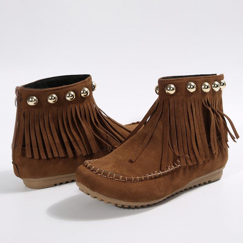 New Autumn Winter Women's Ankle Boots Versatile European American Style Flat Tassel Design