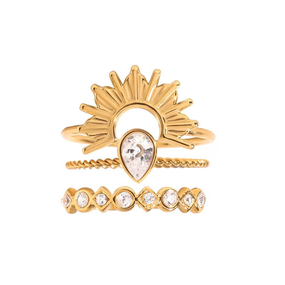 3pcs 18K Gold Color Plated Ribbed Sun Geometry Ring Stainless Steel Stackable Ring  Jewelry Gift