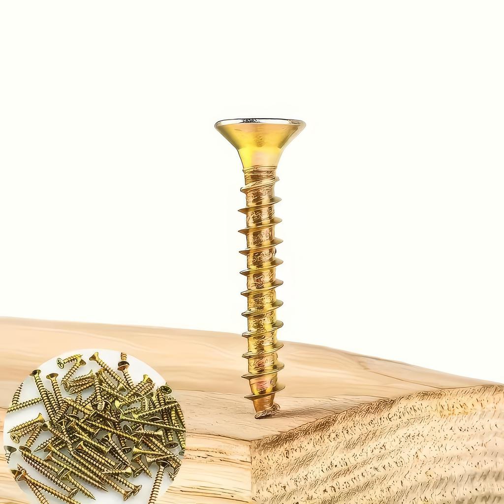 100 Self Tapping Screws In Golden Yellow Color, Easy To Install, Suitable for Outdoor Wood, Fence Yard Decoration