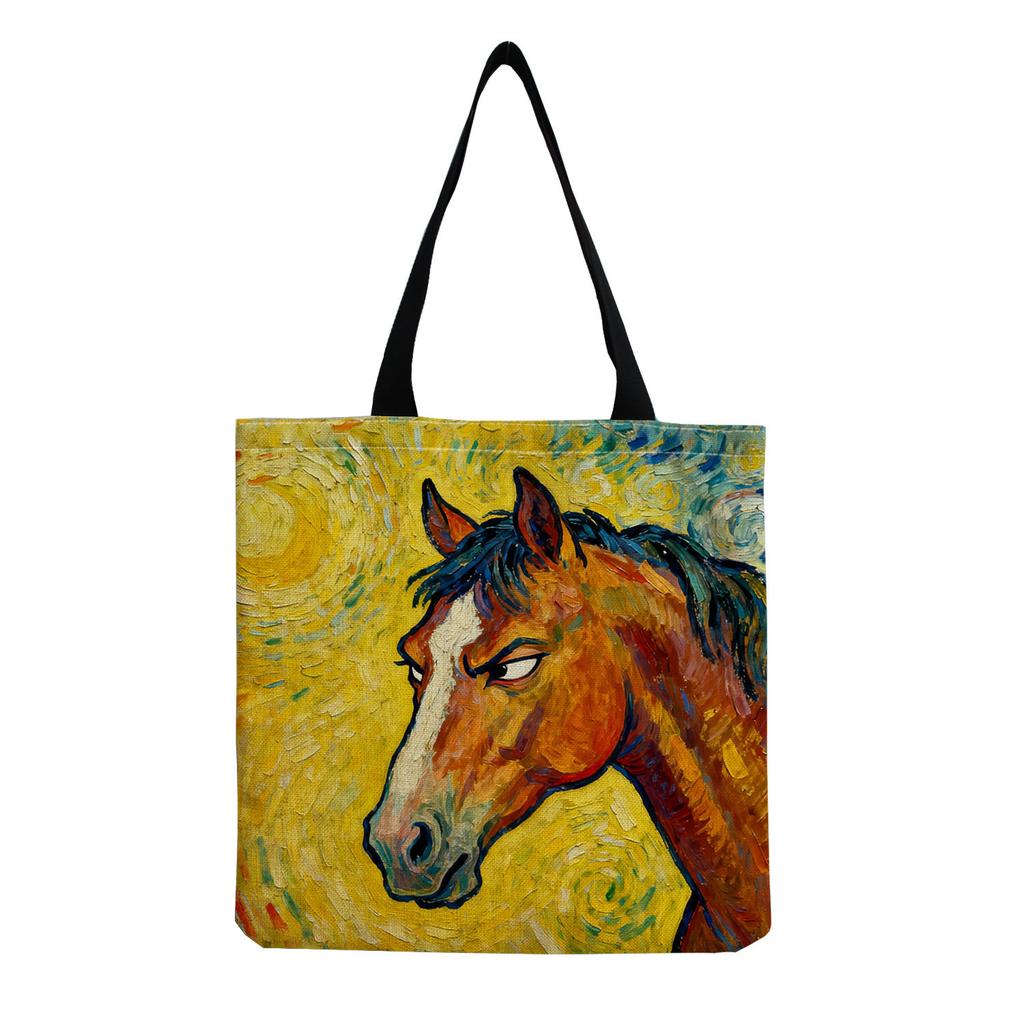 Damen Vintage Leinen-Tragetasche - Große Kapazität Pferdedruck Schulter-Handtasche für Freizeit & Lebensmitteleinkauf KTB