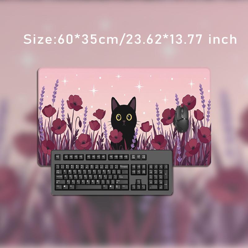 Mouse Pad Black Cat Pink Flower Field Gamer printon demand Large HD Mousepad XXL MousePads Carpet Non-Slip Office PC Table Mat
