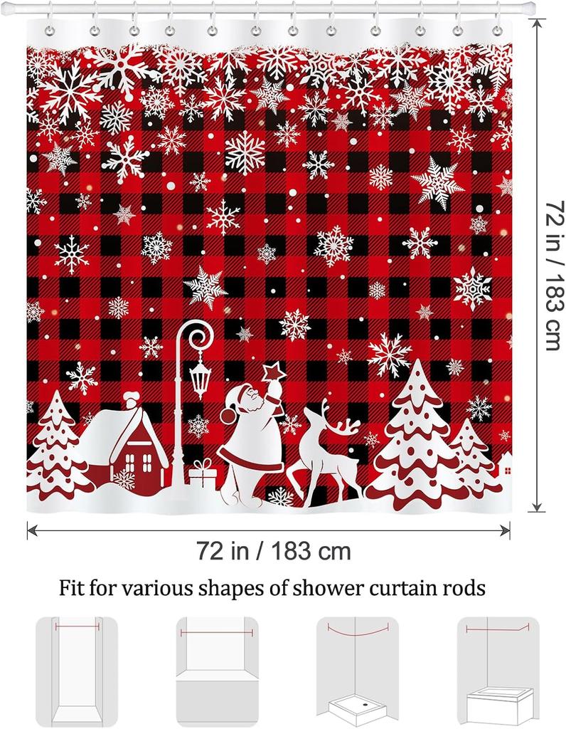 Cortina de ducha de copos de nieve navideños, Cuadros Rojo y Negro Pueblo de Navidad Papá Noel Decoración de baño de invierno Tejido de poliéster Impermeable