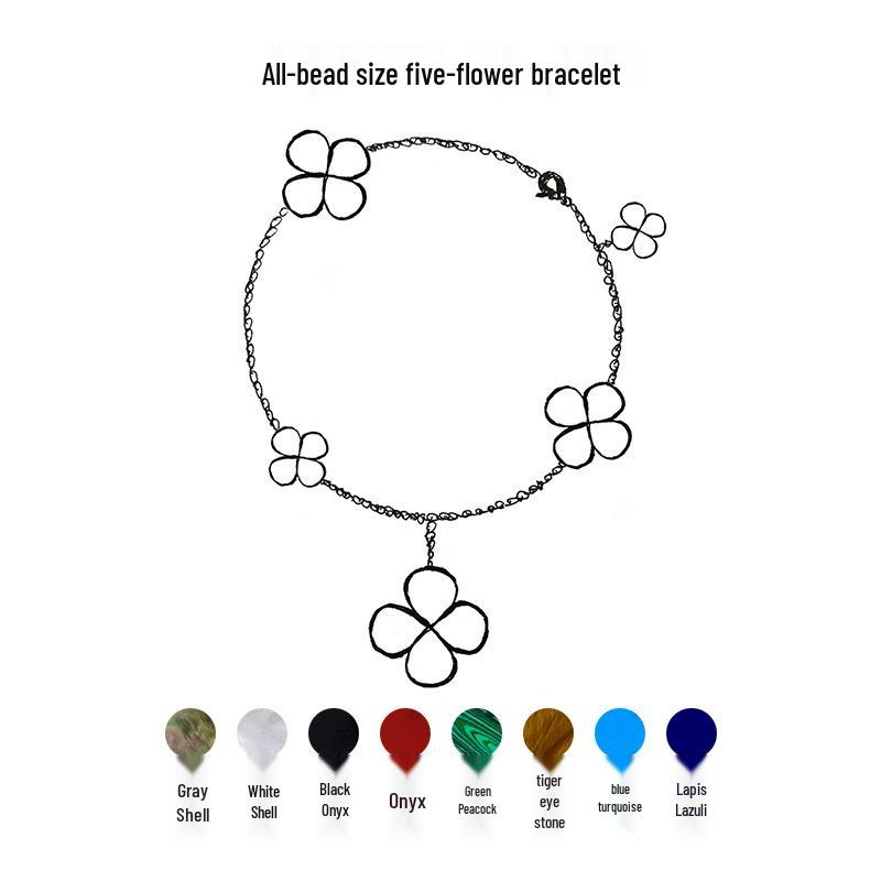 

Браслет из агата с ракушкой-клевером с золотым покрытием и цветами с пятью лепестками Rose Gold + Green Malachite