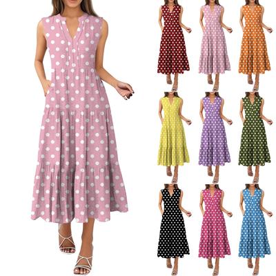Women's Fashion Summer V-Neck Sleeveless Polka Dot Printed Pleated Dresses