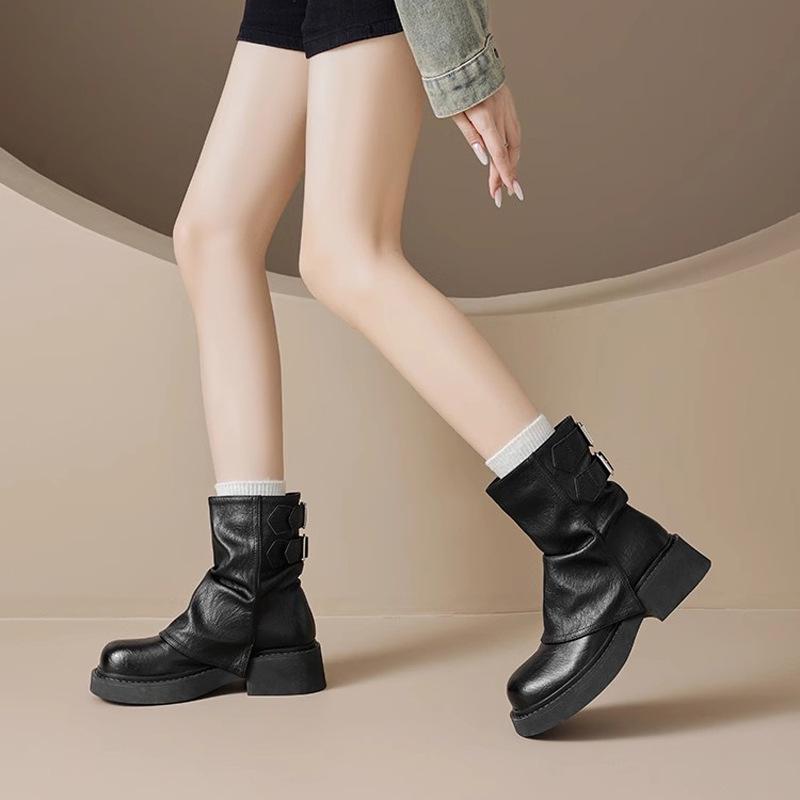 High Quality Retro Maillard Short Boots Women's Spring and Autumn Single Boots New Thick-soled Brown Trousers Knight Martin Boots