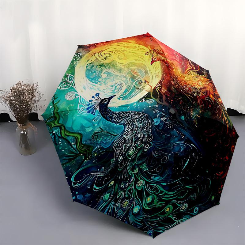 1pc Colorful Peacock Design Automatic Opening/Closing Umbrella, Portable Folding Design with Iron Frame, Outdoor, Gift for Fans, Travelers, Daily Use.
