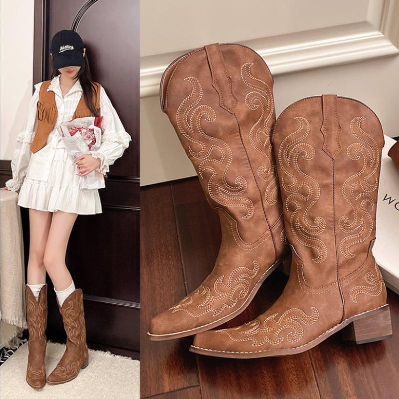 Fashion 2025Autumn Winter Vintage Women Western Cowboy Boots Slip On Thick Heel Shoes Fashion Embroidery Knight Long Botas